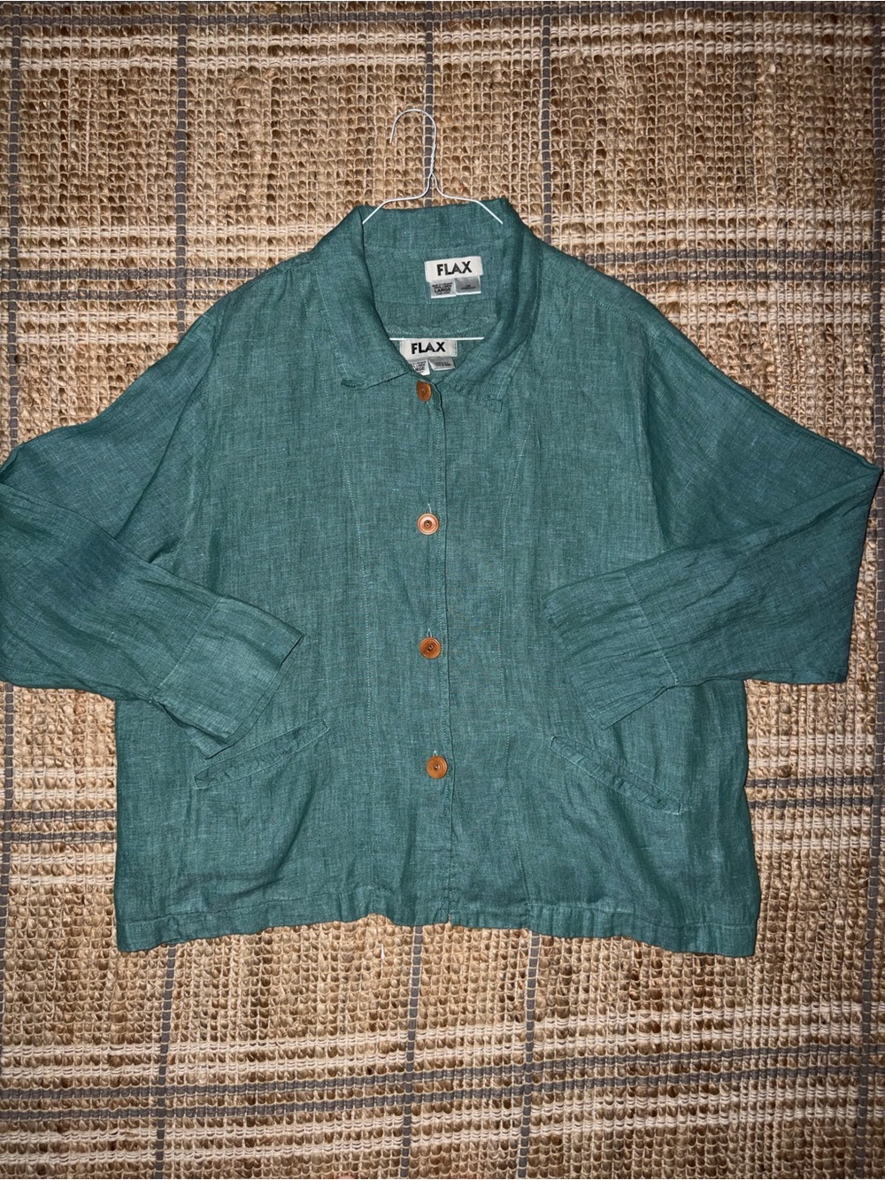FLAX $170 Women’s 2pc Linen Jacket and Tank Lagenlook Teal Green LG EUC